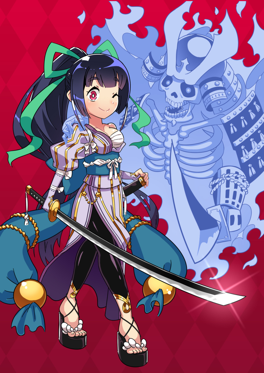 1girl ;) argyle argyle_background armor bangs bare_shoulders black_hair blunt_bangs blush bow breasts bright_pupils cleavage closed_mouth collarbone eyebrows_visible_through_hair flower ghost green_ribbon hair_ribbon high_ponytail highres holding holding_sword holding_weapon japanese_armor japanese_clothes katana kimono lasy leggings long_hair looking_at_viewer medium_breasts obi off_shoulder one_eye_closed original pink_eyes purple_kimono red_background ribbon sash sheath side_slit sidelocks skeleton smile standing striped striped_kimono sword tabi unsheathed very_long_hair weapon white_bow white_ribbon