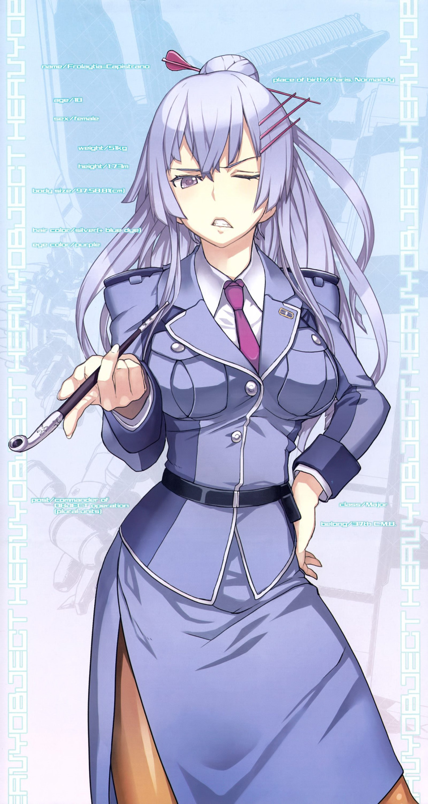 1girl absurdres blue_hair frolaytia_capistrano hair_ornament hairpin hand_on_hip heavy_object high_ponytail highres holding long_hair looking_at_viewer military military_uniform nagi_ryou necktie one_eye_closed pantyhose purple_necktie solo uniform violet_eyes