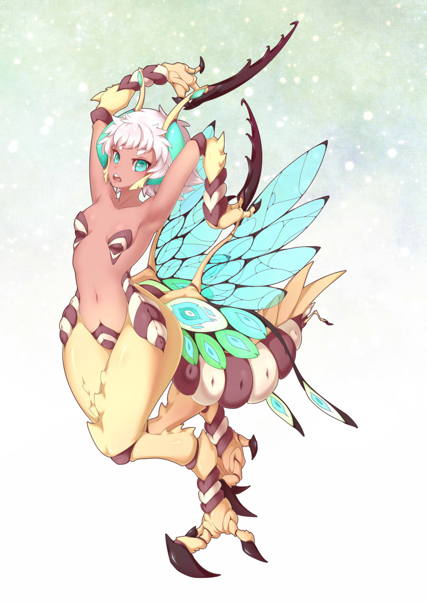 :o absurdres akumashin antennae armpits arms_up blue_eyes breasts claws dark_skin full_body highres insect_girl insect_wings looking_at_viewer midriff monster_girl_encyclopedia short_hair simple_background small_breasts standing white_hair wings