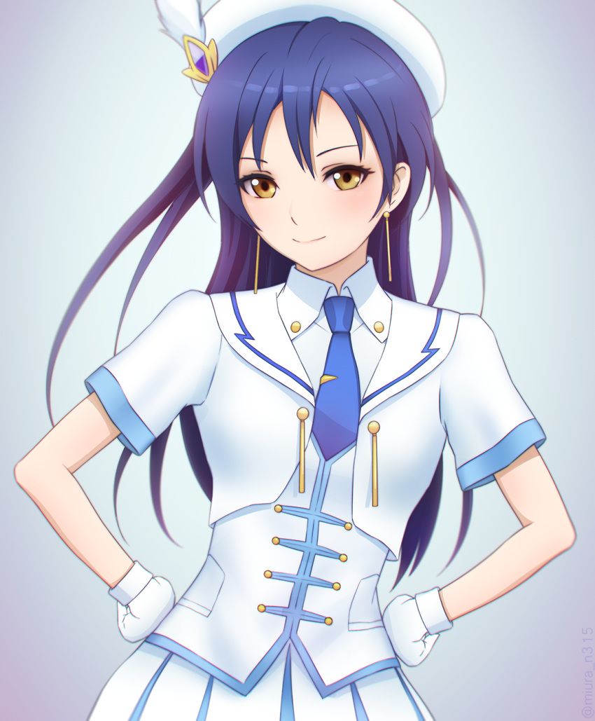 1girl blue_hair earrings gloves hand_on_hip hat highres jewelry long_hair looking_at_viewer love_live! love_live!_school_idol_project miura-n315 necktie simple_background smile solo sonoda_umi white_gloves wonderful_rush yellow_eyes