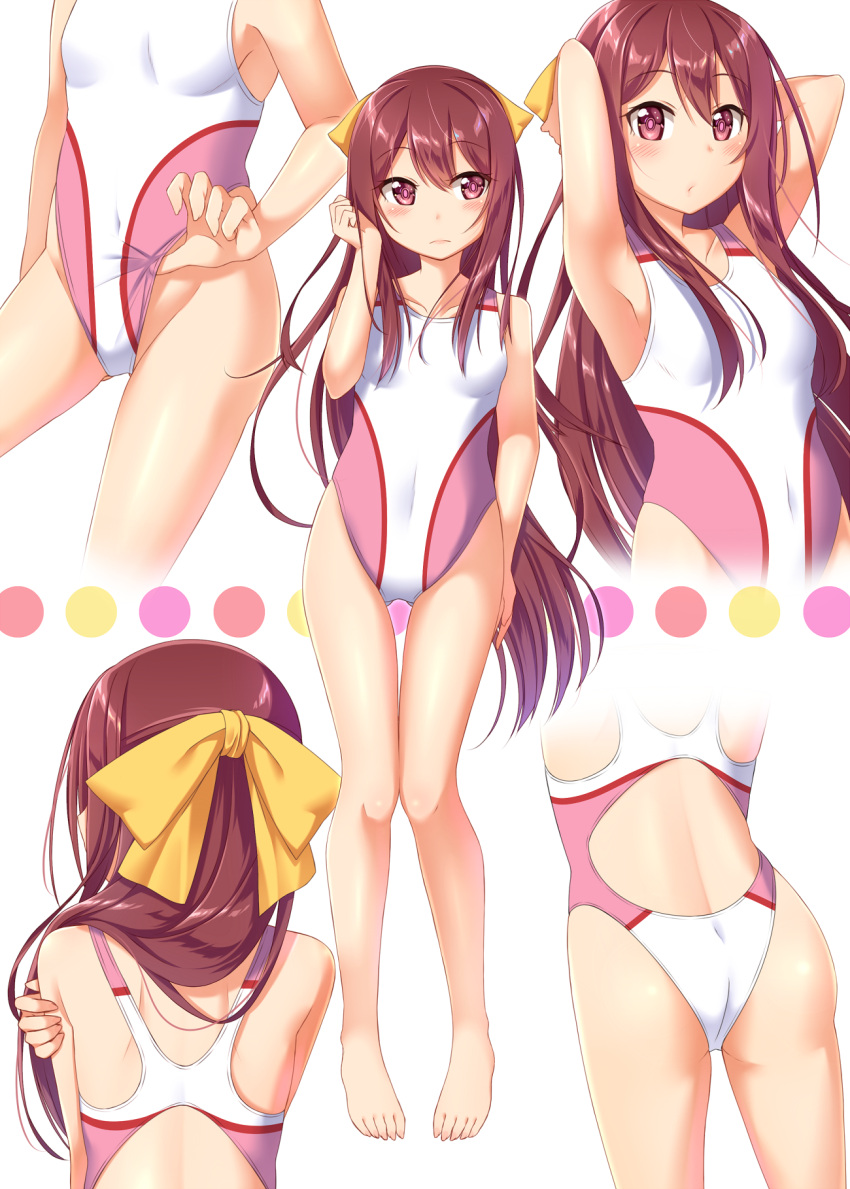 1girl adjusting_clothes adjusting_hair adjusting_swimsuit alternate_costume armpits arms_behind_head ass barefoot bow breasts brown_eyes brown_hair competition_swimsuit covered_navel facing_viewer feet gluteal_fold gurande_(g-size) hair_bow highres kamikaze_(kantai_collection) kantai_collection long_hair multiple_views one-piece_swimsuit small_breasts swimsuit thigh_gap toes very_long_hair white_swimsuit yellow_bow