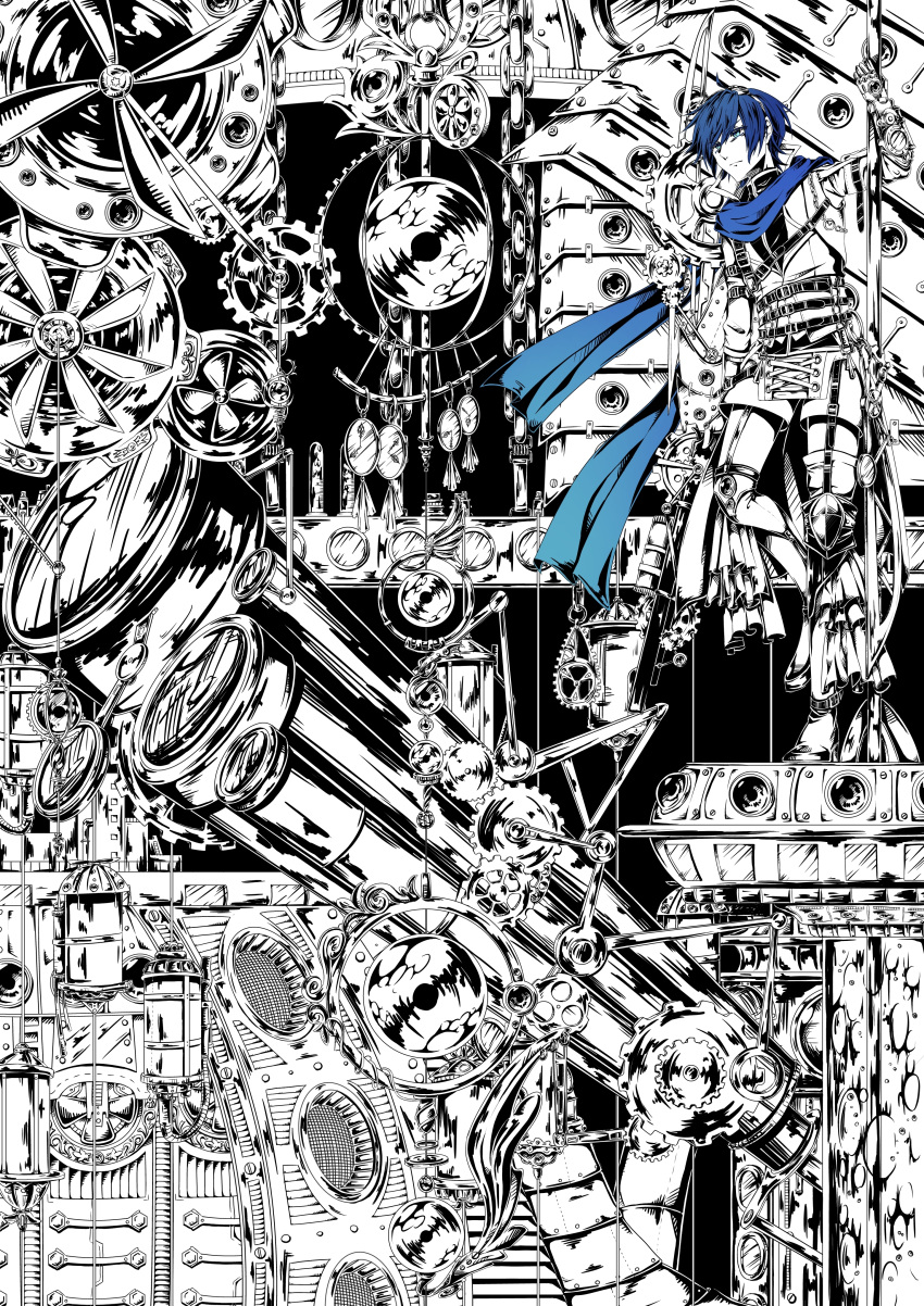 absurdres blue_eyes blue_hair chains clock clogs gears highres kaito lens monochrome pendulum pipes spot_color steampunk teito_(teito10) telescope ventilation_shaft vocaloid