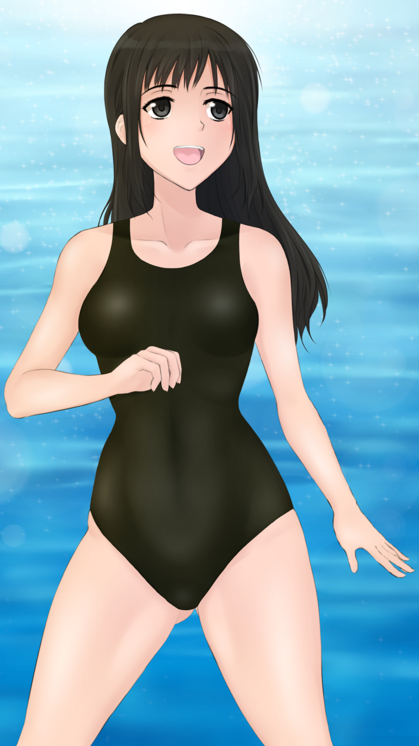 1girl absurdres arm_at_side bangs black_eyes black_hair black_swimsuit blush breasts clenched_hand collarbone cowboy_shot day gluteal_fold gradient green_kaminari grey_background happy highres hips legs_apart lens_flare long_hair looking_to_the_side medium_breasts ocean one-piece_swimsuit open_mouth outdoors seiren sidelocks smile solo sparkle standing swimsuit thighs touno_kyouko water
