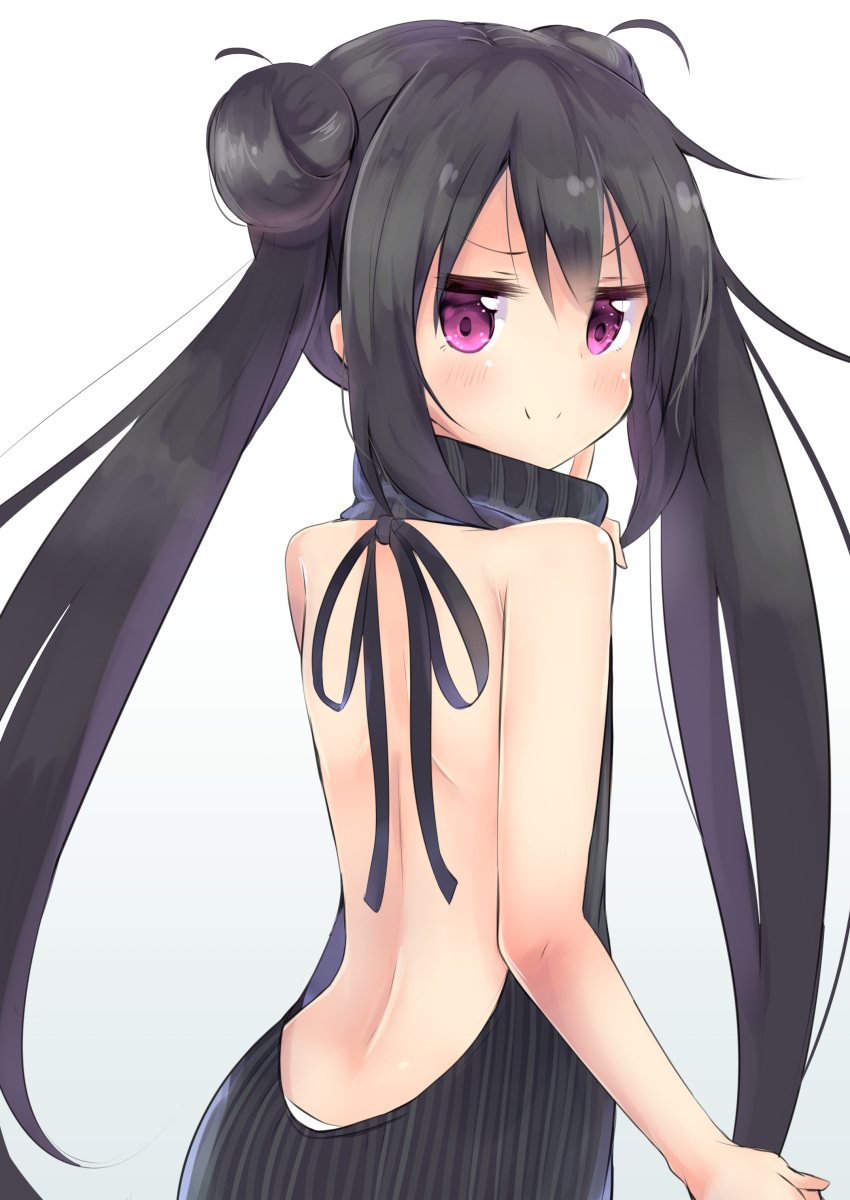 &gt;:) 1girl absurdres amano_kouki back backless_outfit bangs bare_back bare_shoulders black_hair blush c: closed_mouth double_bun doyagao dress hair_between_eyes halterneck highres long_hair looking_at_viewer note-chan open-back_dress original ribbed_sweater shoulder_blades simple_background smile smug solo sweater sweater_dress turtleneck turtleneck_sweater twintails violet_eyes virgin_killer_sweater white_background