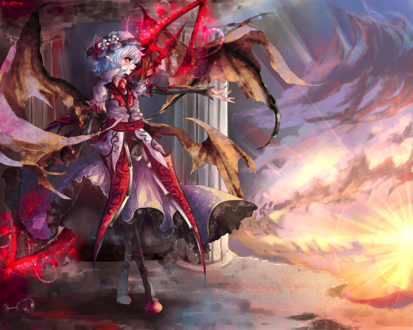 &gt;:) 1girl bangs bat_wings blizzomos blue_hair dress fang fingernails full_body hat highres holding holding_weapon juliet_sleeves koumajou_densetsu long_sleeves looking_away mob_cap nail_polish parted_lips pink_dress pointy_ears puffy_sleeves red_eyes red_nails remilia_scarlet sash sharp_fingernails short_hair smile solo spear_the_gungnir standing sunlight touhou weapon wings