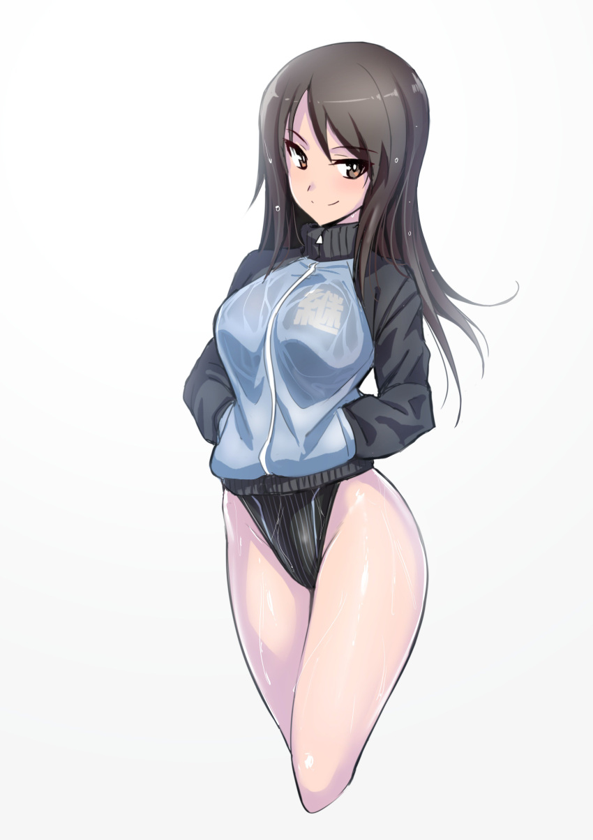 1girl absurdres blush breasts brown_eyes brown_hair competition_swimsuit girls_und_panzer hands_in_pockets highres jacket long_hair looking_at_viewer mika_(girls_und_panzer) military military_uniform no_hat no_headwear one-piece_swimsuit smile solo swimsuit swimsuit_under_clothes track_jacket ulrich_(tagaragakuin) uniform wet wet_clothes