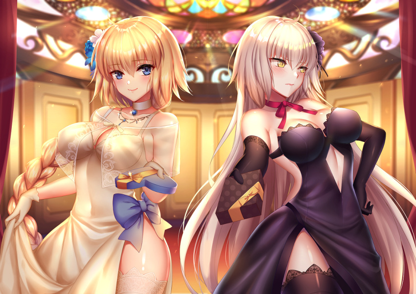 2girls ahoge bangs bare_shoulders black_dress black_gloves black_legwear blonde_hair blue_eyes blush box braid breasts center_opening choker cleavage closed_mouth collarbone dress elbow_gloves fate/apocrypha fate/grand_order fate_(series) flower gift gift_box gloves hair_between_eyes hair_flower hair_ornament hand_on_hip heart-shaped_box hips jeanne_d'arc_(alter)_(fate) jeanne_d'arc_(fate) jeanne_d'arc_(fate)_(all) jewelry large_breasts long_hair looking_at_viewer mallizmora multiple_girls neck_ribbon necklace offering outstretched_arm pale_skin pendant red_ribbon ribbon silver_hair single_braid smile thigh-highs very_long_hair waist white_dress white_gloves white_legwear yellow_eyes