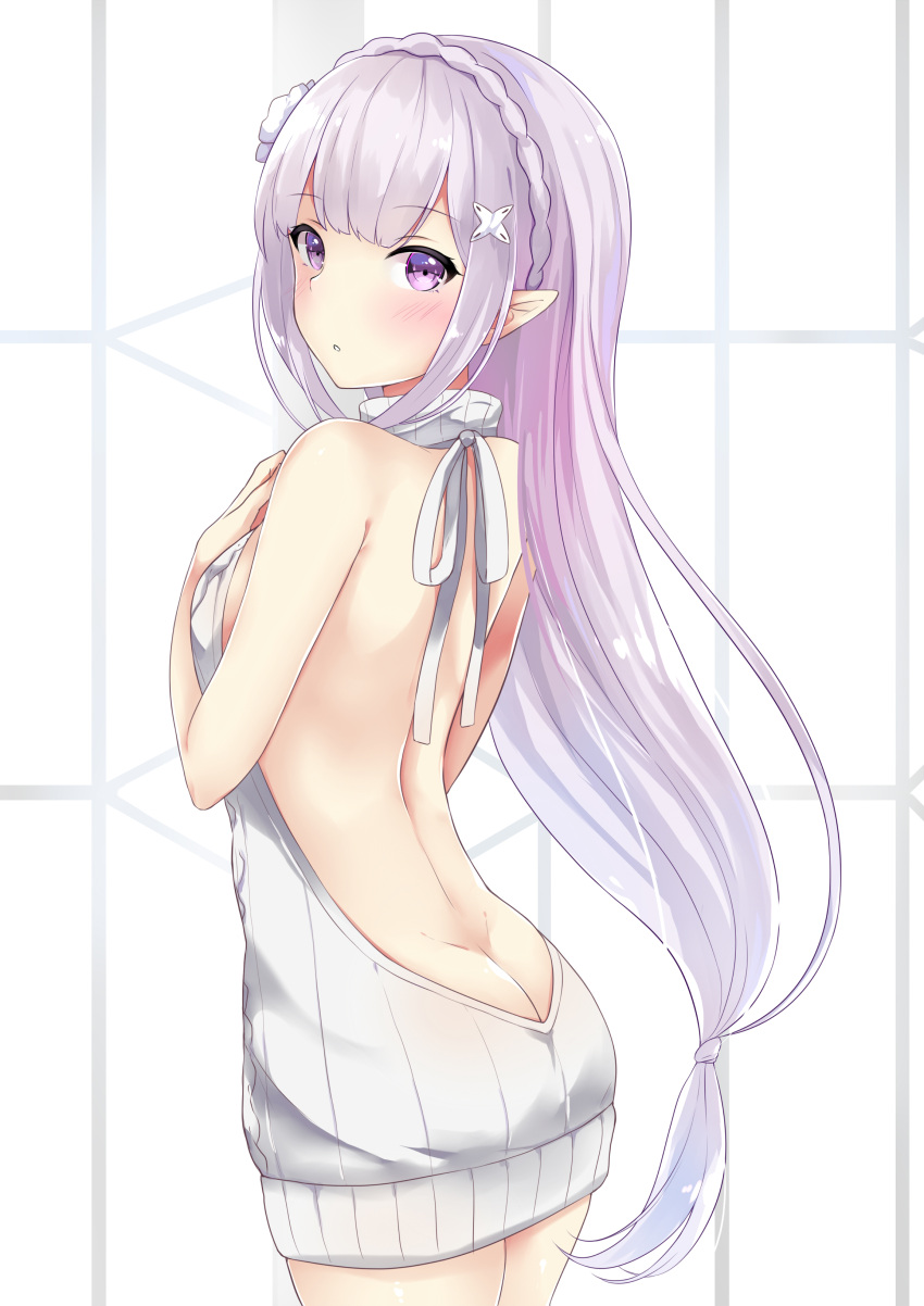 1girl :o absurdres aran_sweater ass backless_outfit bangs bare_back bare_shoulders blush braid breasts butt_crack cowboy_shot crown_braid dress elf emilia_(re:zero) eyebrows_visible_through_hair flower from_behind hair_flower hair_ornament halterneck highres kaetzchen long_hair looking_at_viewer looking_back low-tied_long_hair naked_sweater open-back_dress parted_lips pointy_ears purple_hair re:zero_kara_hajimeru_isekai_seikatsu ribbed_sweater short_dress sideboob silver_hair small_breasts solo sweater sweater_dress turtleneck turtleneck_sweater very_long_hair violet_eyes virgin_killer_sweater white_background white_dress white_flower white_sweater