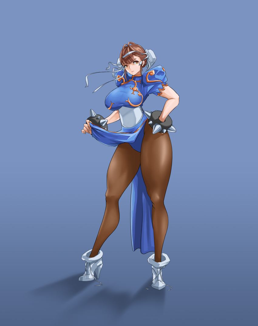 1girl absurdres blue_background blue_dress boots bracelet breasts brown_legwear bun_cover china_dress chinese_clothes chun-li cross-laced_footwear double_bun dress eyeshadow highres ishu_(ljcwer) jewelry lips makeup pantyhose pelvic_curtain puffy_short_sleeves puffy_sleeves sash short_sleeves side_slit solo spiked_bracelet spikes street_fighter white_boots