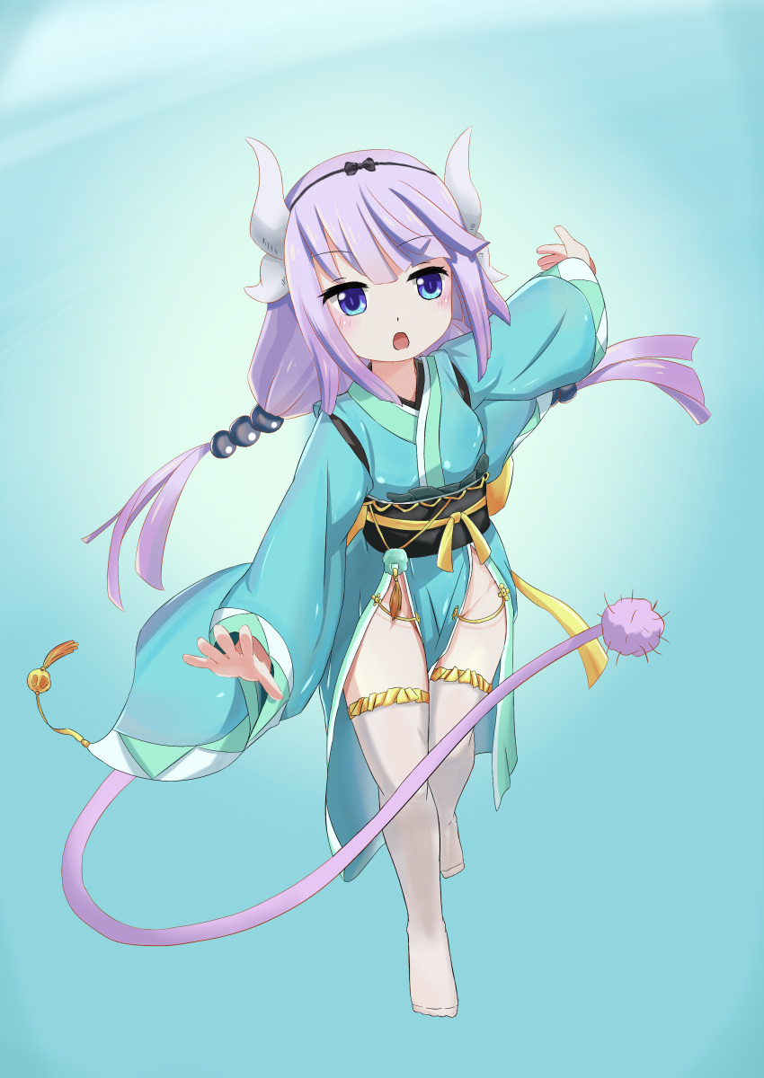 1girl absurdres alternate_costume bangs beads cosplay dragon_girl fate/grand_order fate_(series) full_body groin hair_beads hair_ornament hairband highres horns japanese_clothes kanna_kamui kimono kiyohime_(fate/grand_order) kiyohime_(fate/grand_order)_(cosplay) kobayashi-san_chi_no_maidragon lavender_hair long_hair long_sleeves low_twintails no_panties obi open_mouth outstretched_arms pelvic_curtain sash solo tail the_hermit thigh-highs trait_connection twintails white_legwear