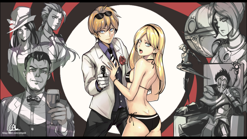 3boys 5girls :o aiming_at_viewer alternate_costume ass bikini black_bikini blonde_hair blue_eyes bow bowtie breasts caitlyn_(league_of_legends) cal_(pmgdd) camille_ferros chair commentary cup cyborg drinking_glass extra_arms ezreal flower gloves gun hairband handgun hat highres james_bond_(series) jayce league_of_legends long_hair loose_necktie luxanna_crownguard mask mechanical_arm multiple_boys multiple_girls necktie orianna_reveck parody partially_colored pistol robot rose sideboob signature sitting small_breasts sunglasses sunglasses_on_head swimsuit tuxedo vi_(league_of_legends) viktor_(league_of_legends) watermark weapon web_address white_gloves wine_glass