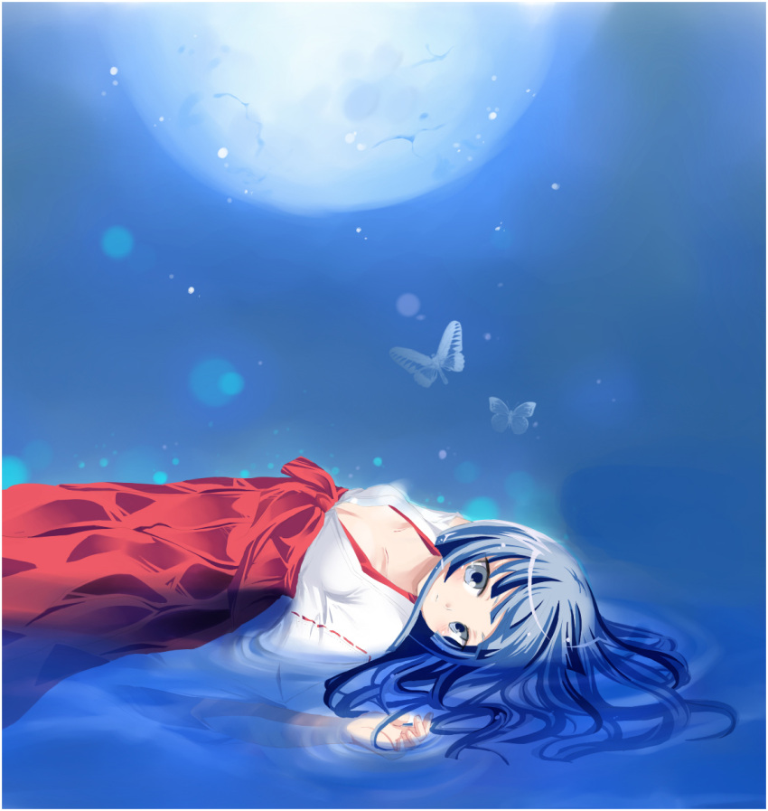 1girl blue blue_eyes blue_hair butterfly furude_rika hakama highres higurashi_no_naku_koro_ni japanese_clothes long_hair looking_at_viewer lying miko moon pants rabi-chan red_hakama red_pants solo water