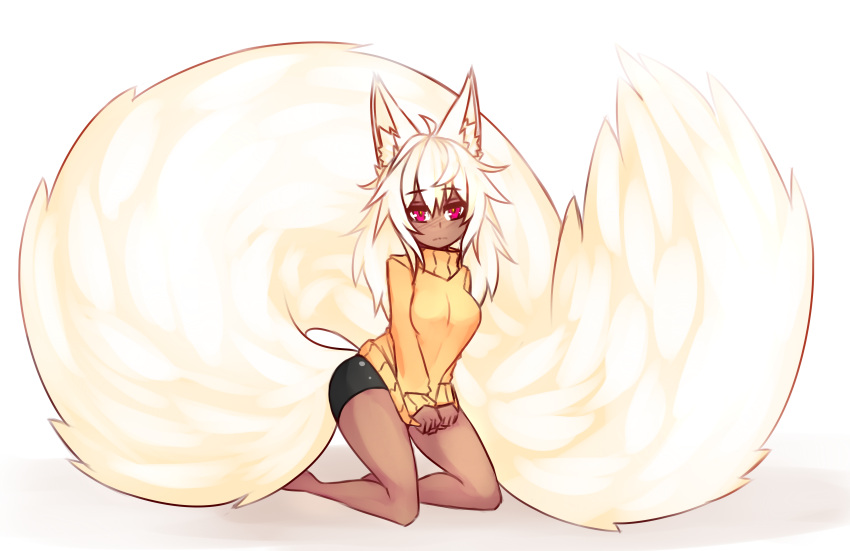 1girl absurdres alternate_color animal_ears bare_legs barefoot bike_shorts blonde_hair blush clothes_tug dark_skin embarrassed fluffy fox_ears fox_tail full_body highres kneeling long_hair looking_at_viewer original pink_eyes simple_background solo sub-res sub-tan sweater sweater_tug tail yellow_sweater
