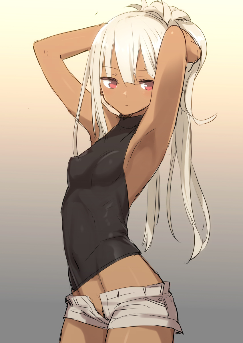 1girl absurdres armpits arms_up breasts covered_navel cowboy_shot dark_skin gradient gradient_background groin highres hirasato long_hair midriff open_fly original perky_breasts ponytail red_eyes short_shorts shorts silver_hair simple_background sleeveless small_breasts solo turtleneck very_long_hair
