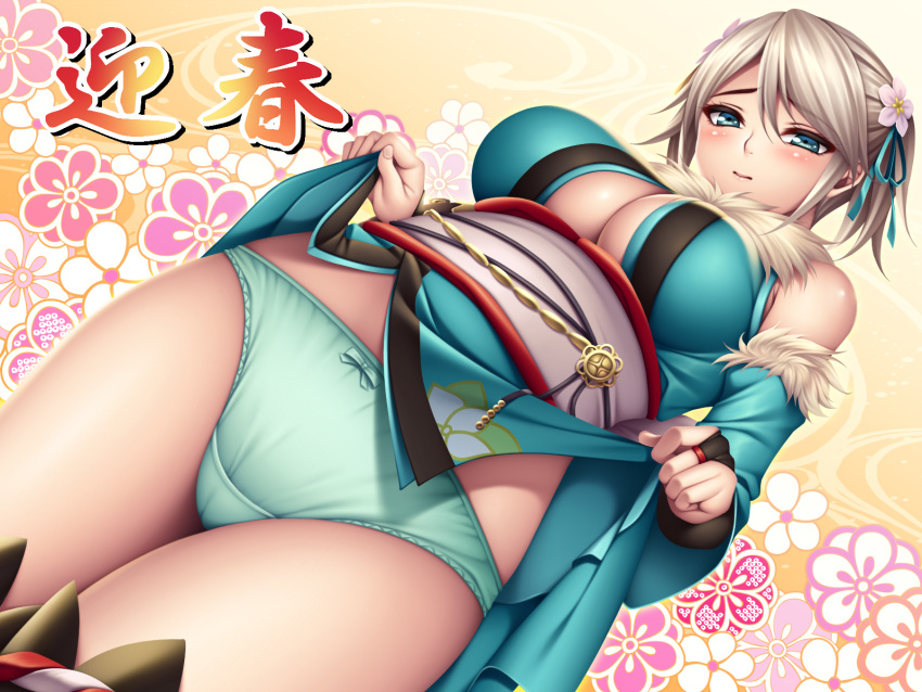 1girl aqua_panties bare_shoulders blue_eyes blush bow bow_panties breasts bridal_gauntlets ciel_alencon clothes_lift commentary_request detached_sleeves flower from_below fur_trim god_eater god_eater_2:_rage_burst hair_flower hair_ornament hair_ribbon highres japanese_clothes kimono kimono_lift large_breasts looking_down obi panties ribbon sash short_hair short_twintails silver_hair smile solo twintails underwear watanuki_kaname