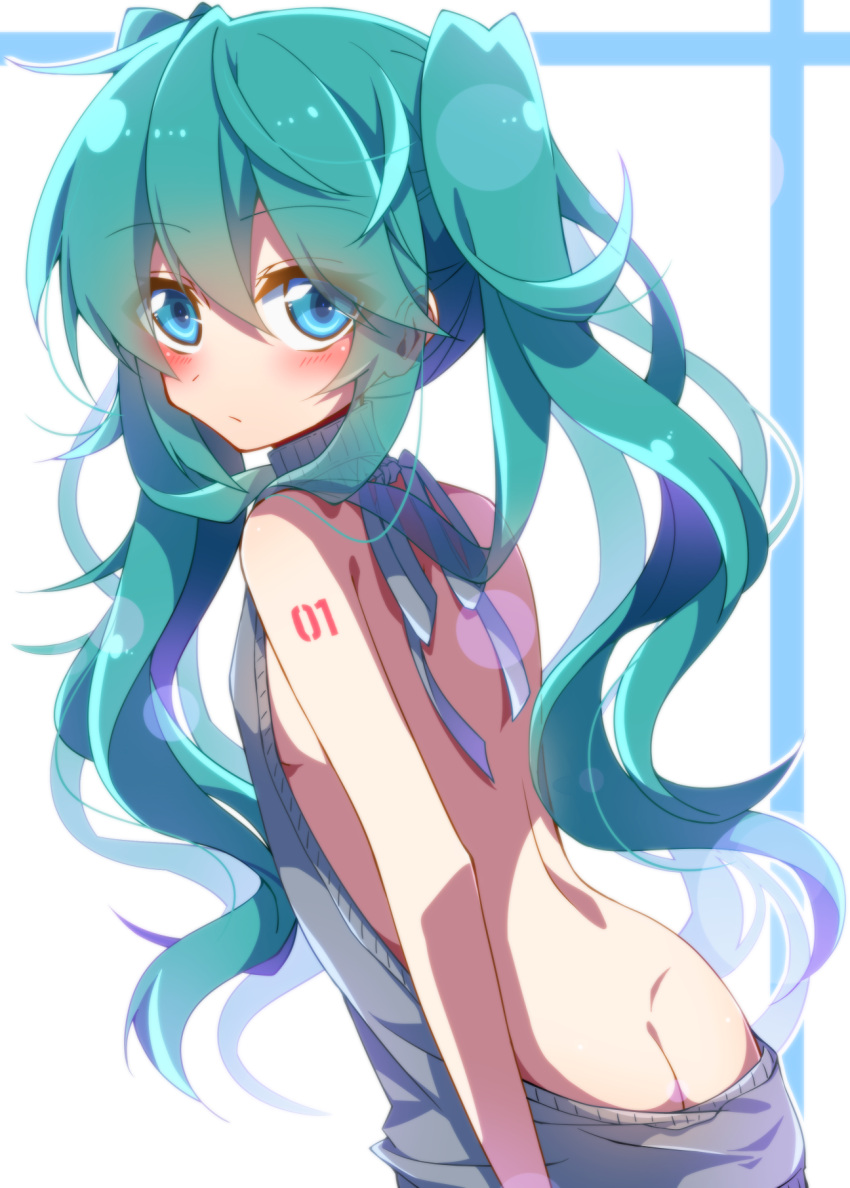 1girl aosaki_yato ass back backless_outfit bangs bare_back bare_shoulders blush breasts butt_crack closed_mouth dress eyebrows_visible_through_hair eyes_visible_through_hair from_behind green_dress green_eyes green_hair hair_between_eyes halterneck hatsune_miku highres long_hair looking_at_viewer looking_back naked_sweater no_bra no_panties no_underwear open-back_dress ribbed_sweater sideboob simple_background small_breasts solo sweater sweater_dress turtleneck turtleneck_sweater twintails virgin_killer_sweater vocaloid white_background