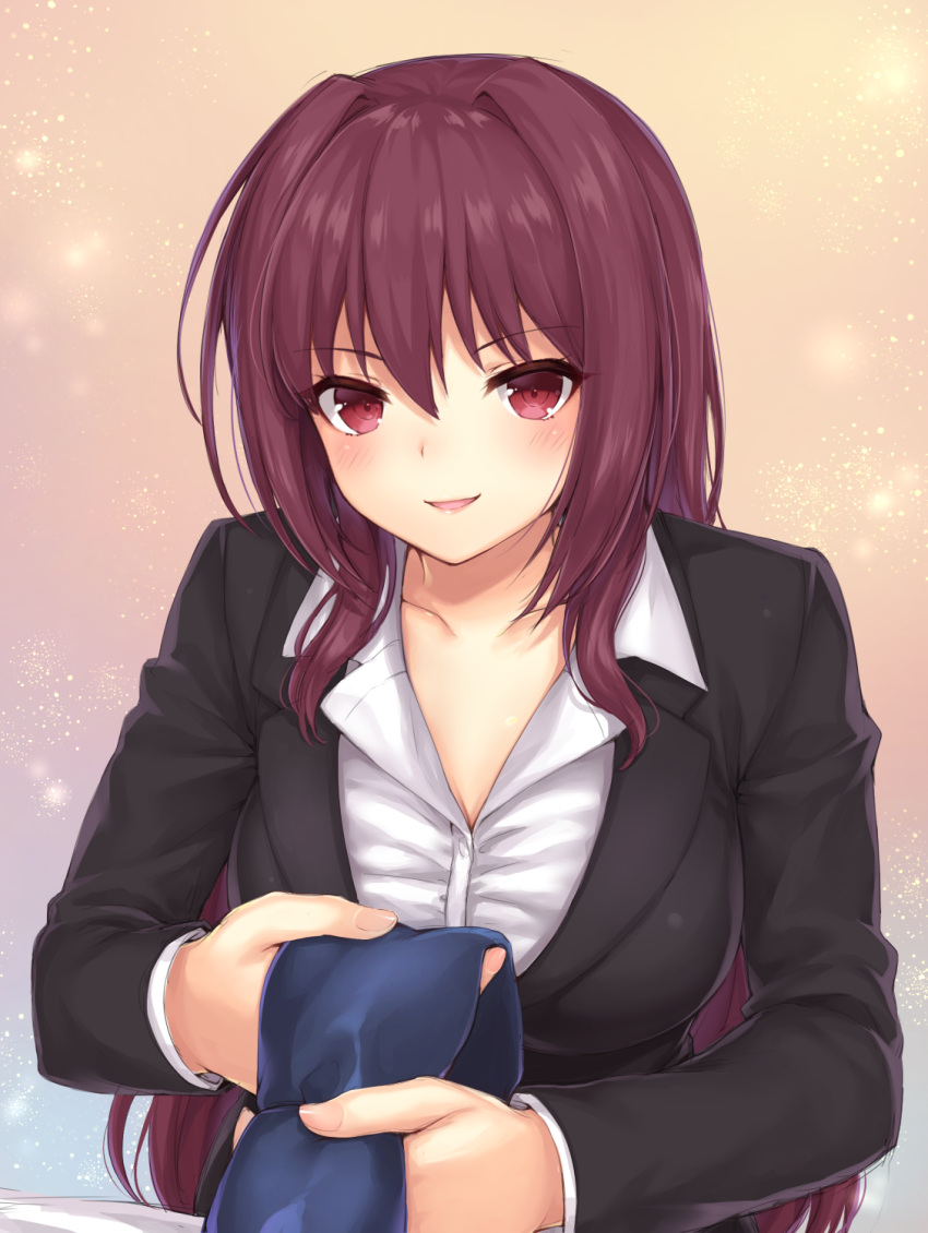 1girl :d alternate_costume bangs black_jacket blush breasts business_suit buttons collarbone collared_shirt commentary_request dress_shirt eyebrows_visible_through_hair fate/grand_order fate_(series) fingernails foreshortening formal gradient gradient_background highres holding jacket light_particles long_hair long_sleeves looking_at_viewer mashu_003 medium_breasts open_mouth purple_hair red_eyes scathach_(fate/grand_order) shirt smile solo suit white_shirt wing_collar