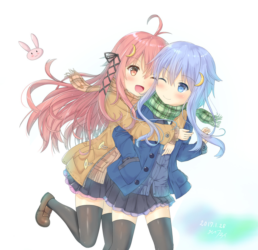 2girls ;) ;d ahoge black_legwear black_skirt blue_eyes blue_hair blush coat crescent crescent_hair_ornament hair_ornament hair_ribbon hand_in_pocket highres hug hug_from_behind kantai_collection long_hair looking_at_another looking_back mikoillust multiple_girls one_eye_closed open_mouth plaid plaid_scarf pleated_skirt red_eyes redhead ribbon scarf skirt smile thigh-highs uzuki_(kantai_collection) winter_clothes yayoi_(kantai_collection)