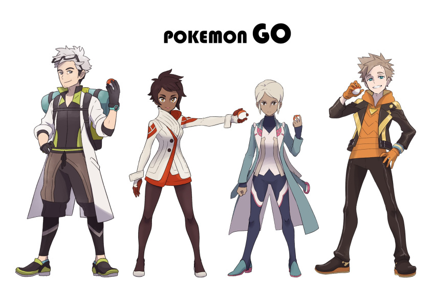 2boys 2girls androgynous backpack bag black_gloves black_jacket blanche_(pokemon) blonde_hair blue_eyes blue_jacket bodysuit brown_eyes brown_hair candela_(pokemon) clenched_hand coat copyright_name dark_skin expressionless fingerless_gloves full_body glasses_on_head gloves grey_eyes grey_hair grin hand_on_hip height_difference high_heels highres holding holding_poke_ball hood hoodie jacket jewelry labcoat leggings lineup lipstick long_hair long_sleeves looking_at_viewer makeup multicolored_hair multiple_boys multiple_girls official_style open_clothes open_jacket orange_gloves outstretched_arm pantyhose parody pendant poke_ball pokemon pokemon_go ponytail pose red_gloves redlhzz shoes short_hair sidelocks silver_hair simple_background smile sneakers spark_(pokemon) style_parody two-tone_hair watch white_background wide_stance willow_(pokemon) wristband yellow_eyes yellow_gloves