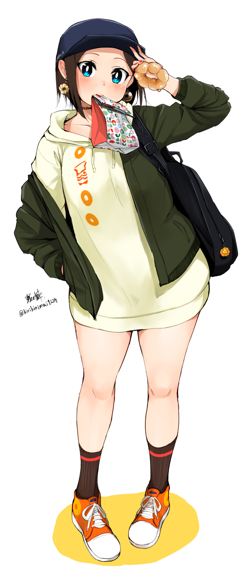 1girl absurdres arm_up artist_name backpack bag baseball_cap black_legwear blush cardigan doughnut earrings food food_themed_earrings full_body hat highres holding hood hoodie jewelry kirikirimai_(kkm) looking_at_viewer mister_donut mouth_hold necklace open_cardigan open_clothes original pigeon-toed ribbed_legwear shoes short_hair_with_long_locks signature simple_background sneakers solo standing thighs twitter_username white_background