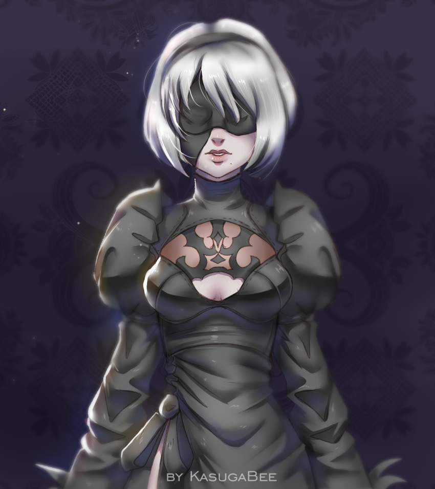 1girl arms_at_sides artist_name black_dress black_hairband black_ribbon blindfold breasts cleavage cleavage_cutout covered_eyes dress hairband highres juliet_sleeves kasugabee lips long_sleeves medium_breasts mole mole_under_mouth nier_(series) nier_automata nose parted_lips pink_lips puffy_sleeves ribbon short_hair side_slit silver_hair solo upper_body yorha_no._2_type_b