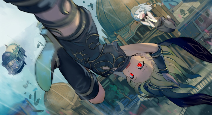 2girls blonde_hair bodysuit boots bracer building cecie_(gravity_daze) commentary_request extra falling floating_hair gravity_daze gravity_daze_2 hands_together highres kitten_(gravity_daze) long_hair multiple_girls open_mouth pantyhose red_eyes short_hair shorts sleeveless solo tearing_up walzrj
