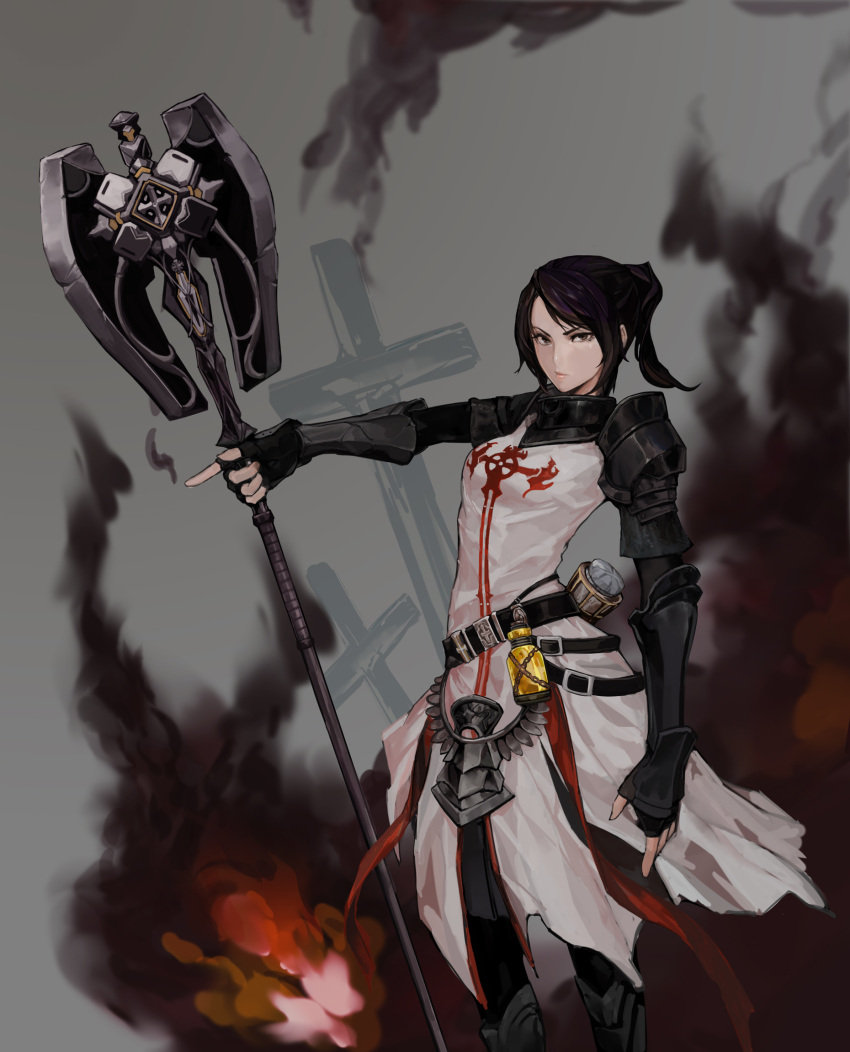 armor belt black_hair brown_eyes cross dungeon_and_fighter female_priest_(dungeon_and_fighter) fingerless_gloves fire flask gauntlets gloves highres inquisitor_(dungeon_and_fighter) looking_at_viewer polearm ponytail serious smoke tabard tamidro weapon
