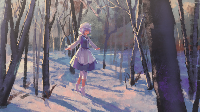 1girl :d apron bangs blue_dress closed_eyes day dress full_body hat letty_whiterock long_sleeves mob_cap nori_(stak819) open_mouth outdoors outstretched_arms silver_hair smile snow solo spread_arms standing sunlight touhou tree waist_apron