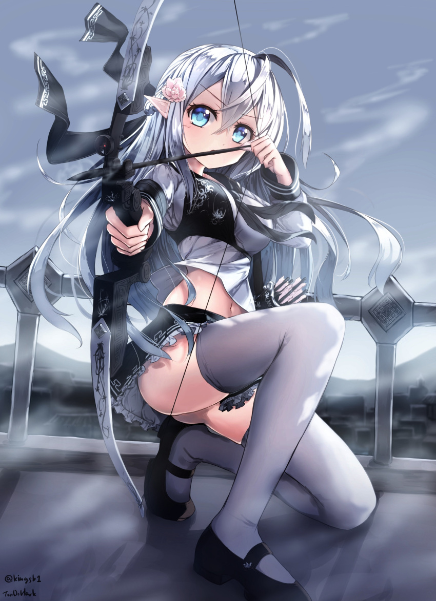 1girl absurdres ahoge ass black_ribbon black_skirt blue_eyes bow bow_(weapon) breasts eyebrows_visible_through_hair floating_hair flower frilled_skirt frills grey_hair hair_bow hair_flower hair_ornament hair_ribbon highres holding holding_weapon large_breasts long_hair looking_at_viewer midriff miniskirt navel one_knee original outdoors pink_ribbon pleated_skirt pointy_ears ribbon shirt signature silver_hair skirt solo stomach tandozzing thigh-highs weapon white_shirt zettai_ryouiki