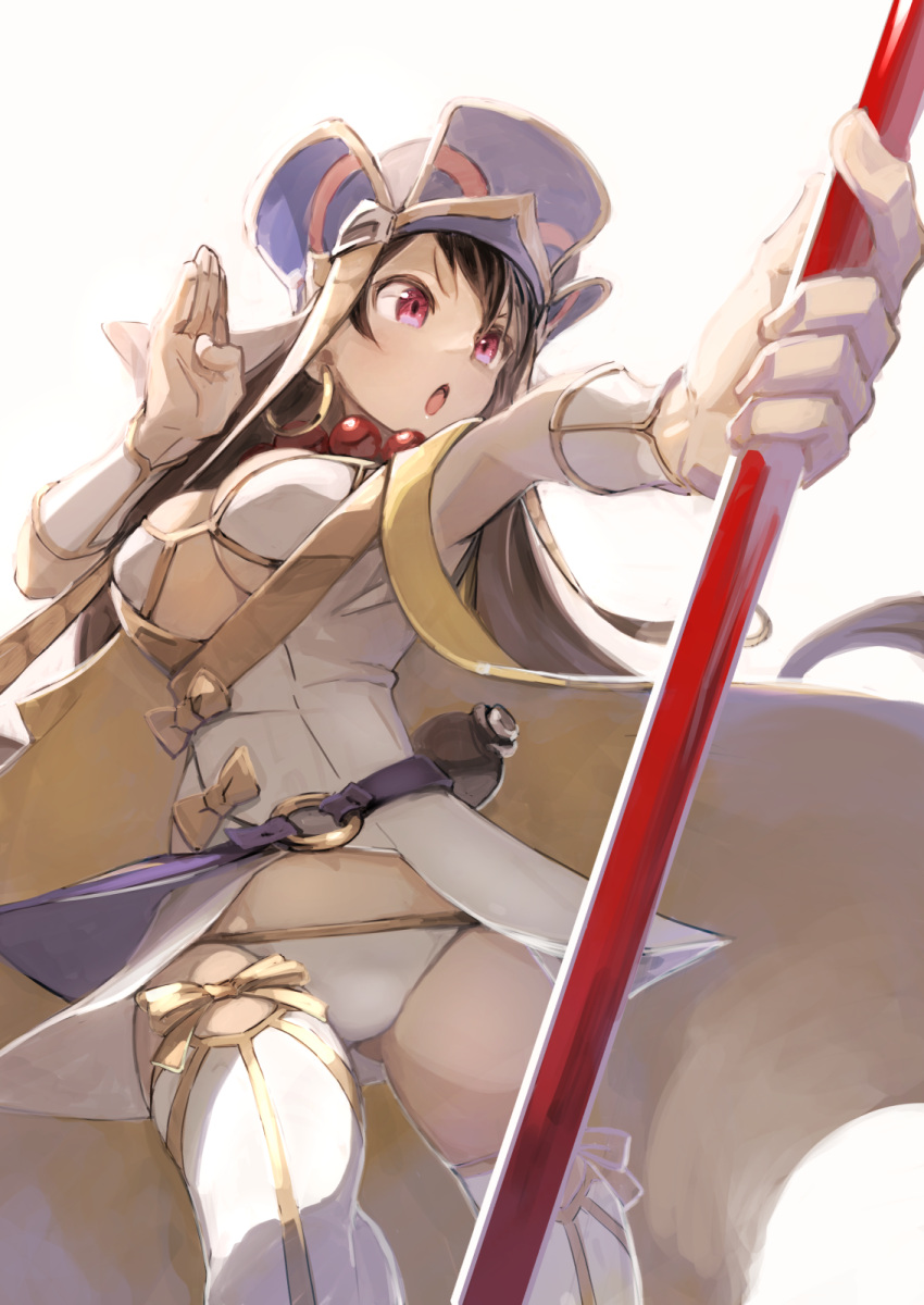 1girl bead_necklace beads bikini_bottom bikini_top breasts brown_hair cleavage earrings fate/grand_order fate_(series) foreshortening from_below gourd hat highres jewelry long_hair medium_breasts necklace open_mouth revision simple_background solo staff strap_gap under_boob violet_eyes white_background xuanzang_(fate/grand_order) yunar
