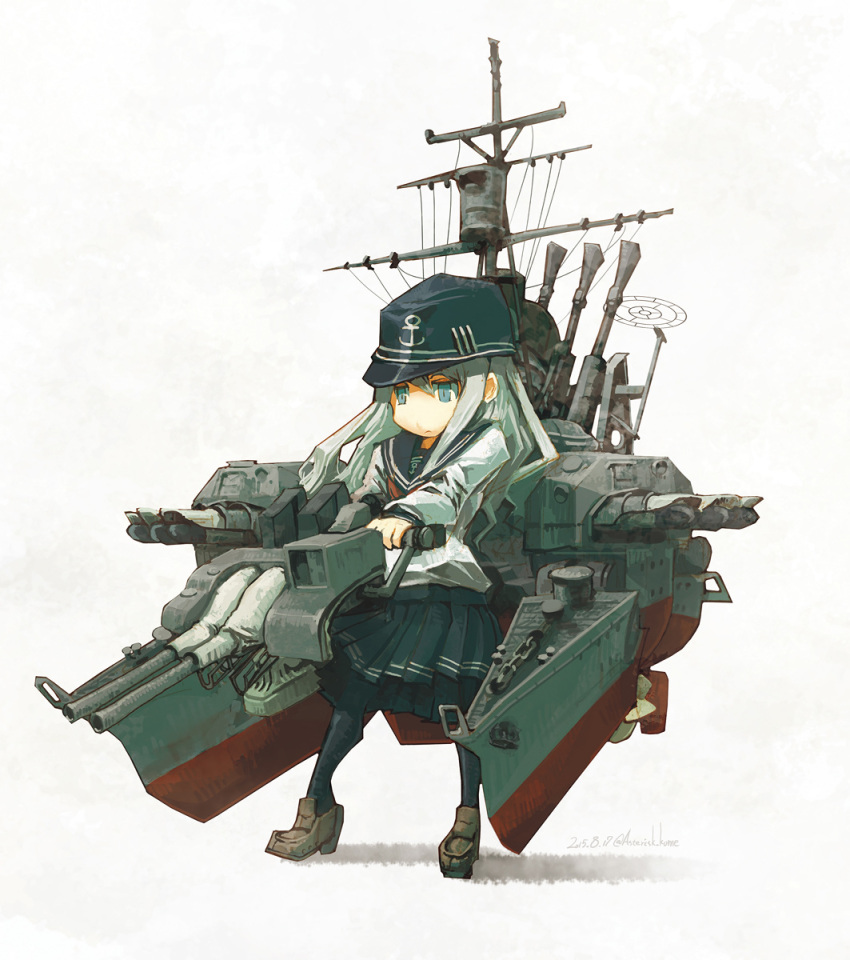 1girl black_skirt blue_eyes cannon commentary dated flat_cap full_body hat hibiki_(kantai_collection) highres jitome kantai_collection kome long_hair long_sleeves machinery mast rigging school_uniform shirt silver_hair skirt solo thigh-highs torpedo turret twitter_username white_shirt