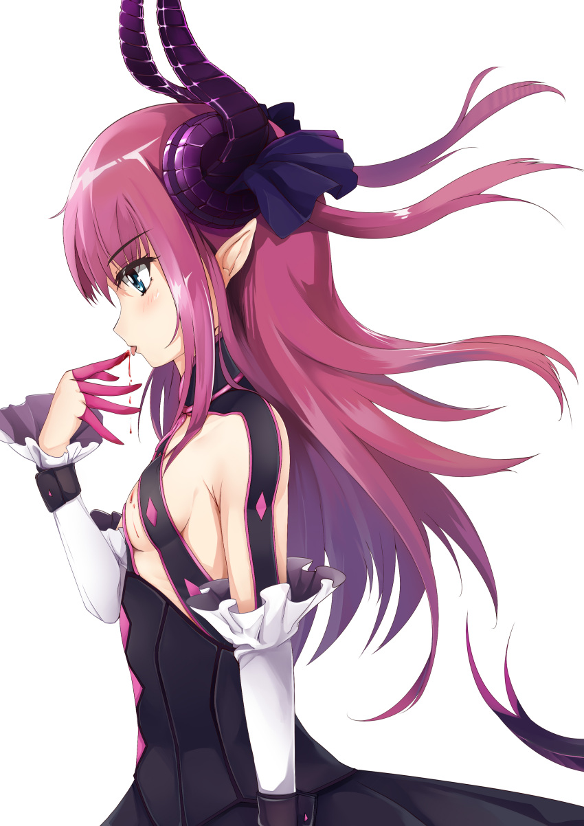1girl absurdres bangs black_dress blood blood_on_fingers blue_eyes blush breasts c_(pixiv3064042) curled_horns detached_sleeves dragon_tail dress elizabeth_bathory_(brave)_(fate) eyebrows eyebrows_visible_through_hair fate/extra fate/extra_ccc fate/grand_order fate_(series) finger_licking finger_to_mouth hair_ribbon highres horns lancer_(fate/extra_ccc) licking long_hair pink_hair pointy_ears profile purple_ribbon ribbon sidelocks simple_background small_breasts solo tail white_background wristband