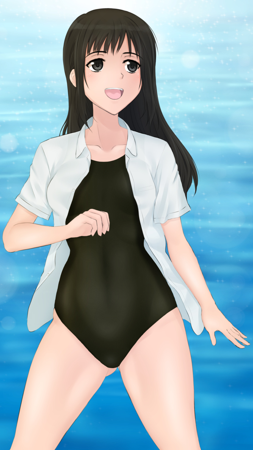 1girl absurdres arm_at_side bangs black_eyes black_hair black_swimsuit blush breasts buttons clenched_hand collarbone collared_shirt cowboy_shot day dress_shirt gluteal_fold gradient green_kaminari happy highres hips legs_apart lens_flare long_hair looking_to_the_side medium_breasts ocean one-piece_swimsuit open_clothes open_mouth open_shirt outdoors seiren shirt sidelocks smile solo sparkle standing swimsuit swimsuit_under_clothes thighs touno_kyouko unbuttoned water white_shirt