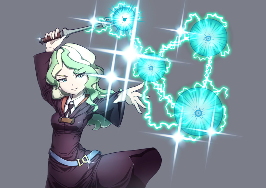 1girl blonde_hair blue_eyes breasts casting_spell curly_hair diana_cavendish electricity energy_ball little_witch_academia long_hair magic medium_breasts multicolored_hair sparkle two-tone_hair wand witch
