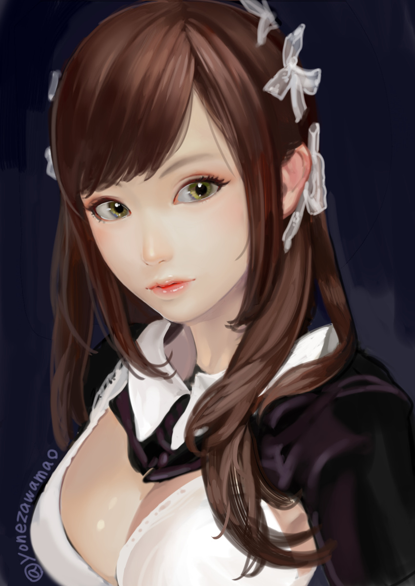 1girl absurdres bangs black_background bra breasts brown_hair cleavage commentary_request eyelashes green_eyes hair_ornament highres long_sleeves looking_at_viewer maid medium_breasts original side_glance sketch solo swept_bangs twitter_username underwear upper_body white_bra yonezawa_mao