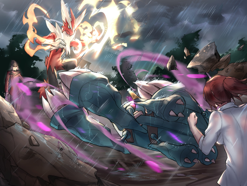 1boy 1girl battle beanie blaziken brown_hair claws clenched_hand clouds cloudy_sky coat fire from_behind grey_sky hat looking_at_another mega_blaziken mega_metagross mega_pokemon metagross multiple_arms outdoors pants pokemon pokemon_(game) ponytail rain rock ryairyai shirt sky wet wet_clothes wet_shirt