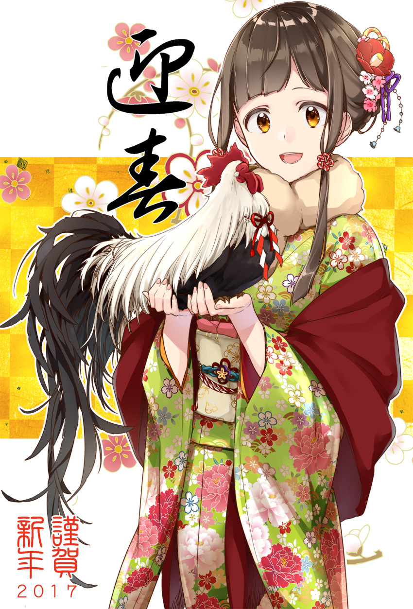 1girl 2017 akn92 bird brown_eyes brown_hair checkered checkered_background chicken flower furisode hair_flower hair_ornament highres japanese_clothes kimono new_year open_mouth original rooster smile translated year_of_the_rooster