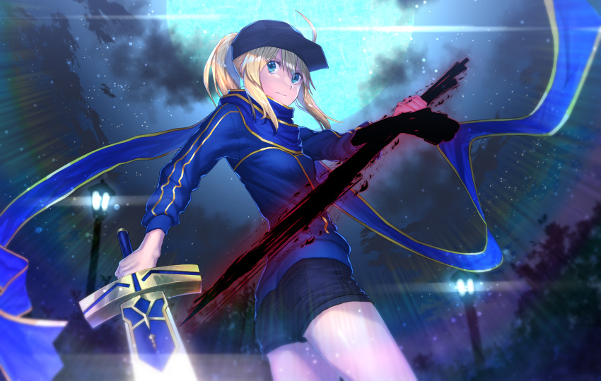 1girl ahoge bangs baseball_cap blonde_hair blue_moon blue_scarf blurry breasts closed_mouth clouds cloudy_sky depth_of_field dual_wielding excalibur eyebrows_visible_through_hair fate_(series) from_below from_side full_moon green_eyes hair_between_eyes hat heroine_x highres holding holding_sword holding_weapon jacket lamppost light_rays lip-mil looking_at_viewer moon moonlight night night_sky outdoors ponytail rainbow rojiura_satsuki_:_chapter_heroine_sanctuary saber scarf short_shorts shorts sky small_breasts solo star_(sky) starry_sky sword thighs track_jacket weapon