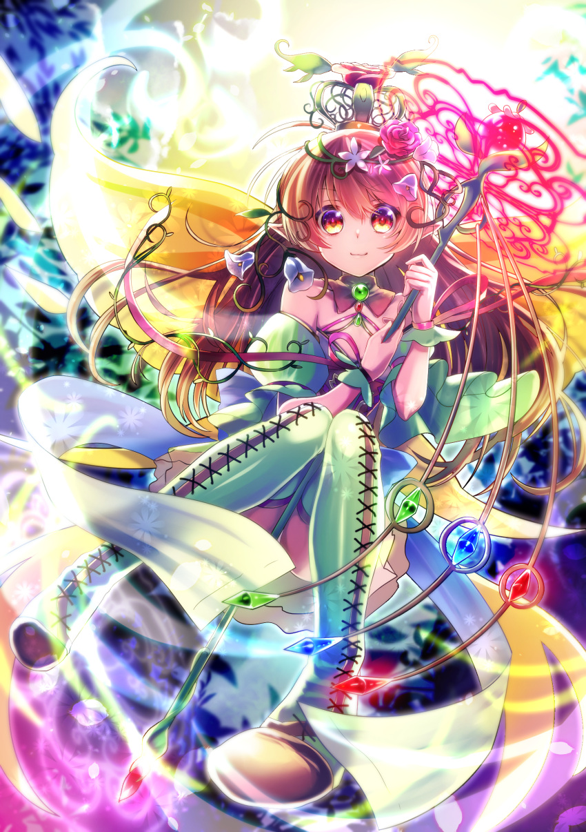 1girl absurdres ayamori_mimi breasts brown_eyes brown_hair choker collarbone floating_hair flower green_eyes hair_flower hair_ornament highres holding holding_staff long_hair looking_at_viewer magic original red_flower small_breasts smile solo staff thigh-highs very_long_hair white_flower