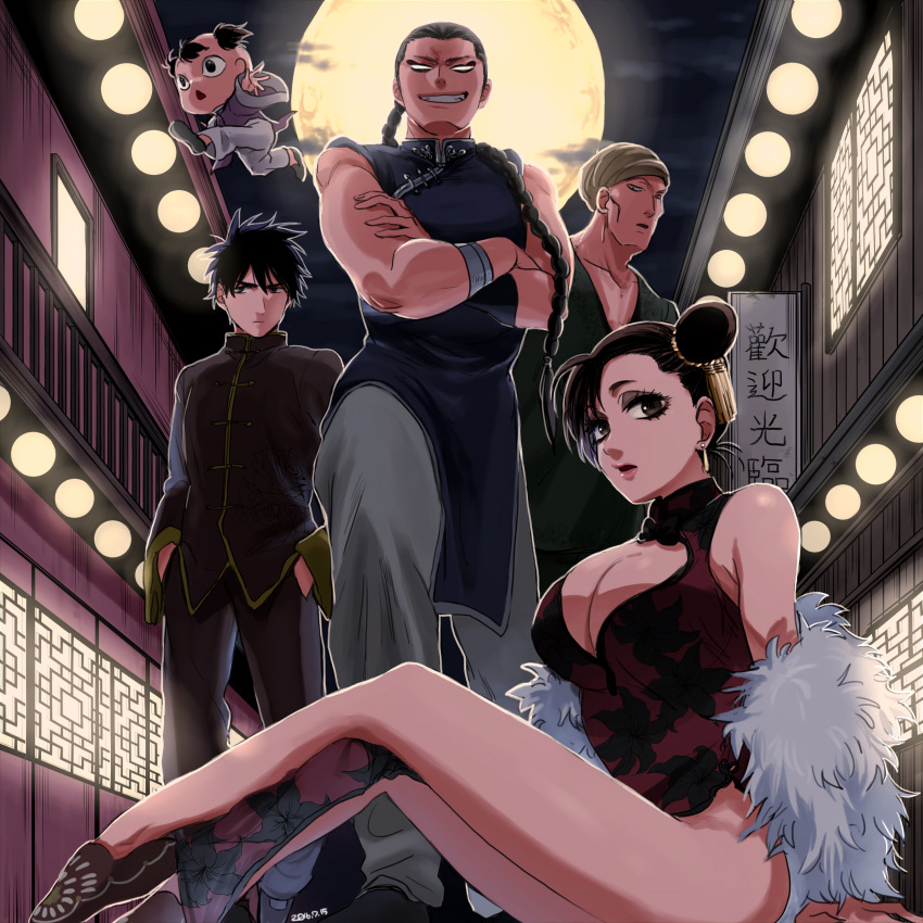 1girl 4boys absurdres bare_shoulders black_eyes black_hair braid breasts chinese chinese_clothes cleavage cleavage_cutout crossed_arms double_bun earrings full_moon grin hands_in_pockets highres jewelry koharu_(gomi_ik) large_breasts long_hair looking_at_viewer moon multiple_boys original ponytail sitting sleeveless smile