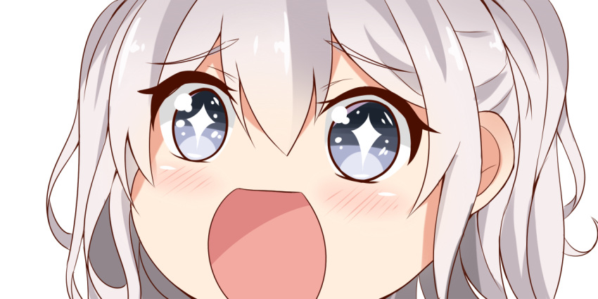 +_+ 1girl blue_eyes close-up kantai_collection kashima_(kantai_collection) long_hair looking_at_viewer no_nose open_mouth silver_hair simple_background sin-poi solo sparkling_eyes twintails wavy_hair white_background