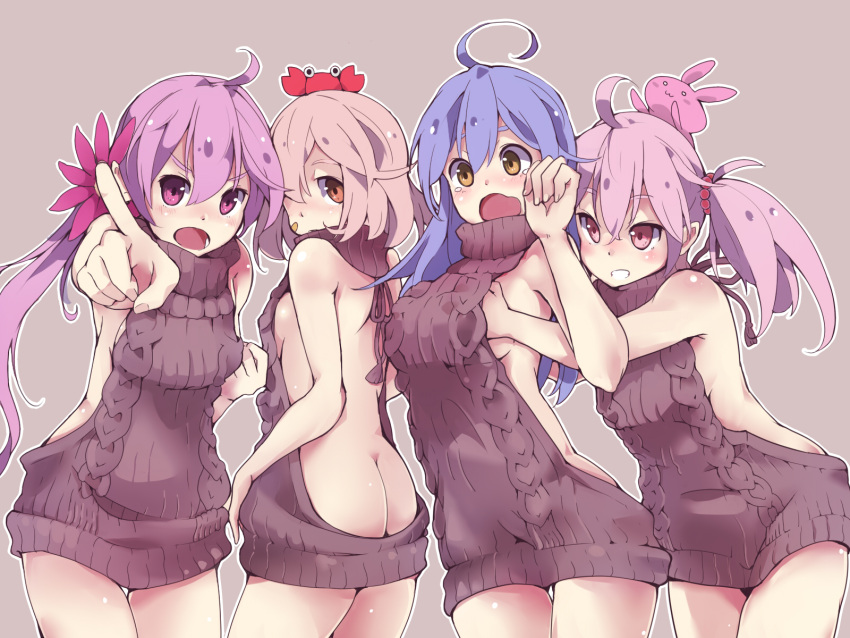 4girls ahoge akebono_(kantai_collection) animal animal_on_head ass backless_outfit bare_back bare_shoulders blue_hair bow breast_grab breasts butt_crack clenched_hand covered_mouth crab dress eyebrows_visible_through_hair from_behind grabbing grin hair_between_eyes hair_bobbles hair_bow hair_ornament highres kantai_collection large_breasts leaning_forward long_hair looking_at_viewer medium_breasts multiple_girls naked_sweater oboro_(kantai_collection) oboro_(taimanin_asagi) on_head open_mouth orange_hair ozu_warudo pink_eyes pink_hair pointing pointing_at_viewer purple_hair ribbed_sweater sazanami_(kantai_collection) side_ponytail small_breasts smile sweater sweater_dress tears thighs turtleneck turtleneck_sweater twintails ushio_(kantai_collection) very_long_hair violet_eyes virgin_killer_sweater wavy_mouth yellow_eyes yuri