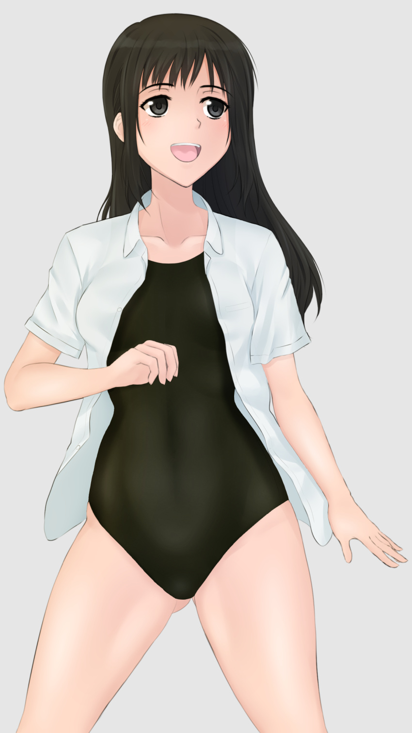 1girl absurdres arm_at_side bangs black_eyes black_hair black_swimsuit blush breasts buttons clenched_hand collarbone collared_shirt cowboy_shot dress_shirt gluteal_fold green_kaminari grey_background happy highres hips legs_apart long_hair looking_to_the_side medium_breasts one-piece_swimsuit open_clothes open_mouth open_shirt seiren shirt short_sleeves sidelocks simple_background smile solo standing swimsuit swimsuit_under_clothes thighs touno_kyouko unbuttoned white_shirt