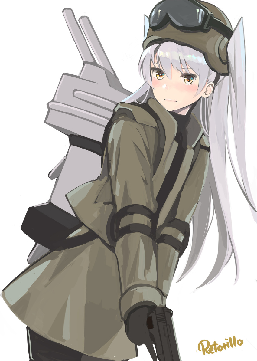 1girl alternate_costume amatsukaze_(kantai_collection) artist_name commentary_request goggles goggles_on_head gun helmet highres kantai_collection long_hair rensouhou-kun retorillo silver_hair simple_background two_side_up weapon white_background yellow_eyes