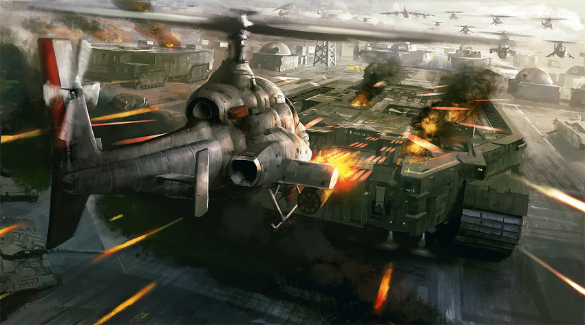 aircraft army battle building bunker burning cannon caterpillar_tracks damaged epic firing fleet flying gameplay_mechanics ground_vehicle helicopter landship military military_vehicle missile motion_blur motor_vehicle no_humans noba realistic rocket_launcher smoke tank tiger_heli tower turret twin_cobra video_game weapon