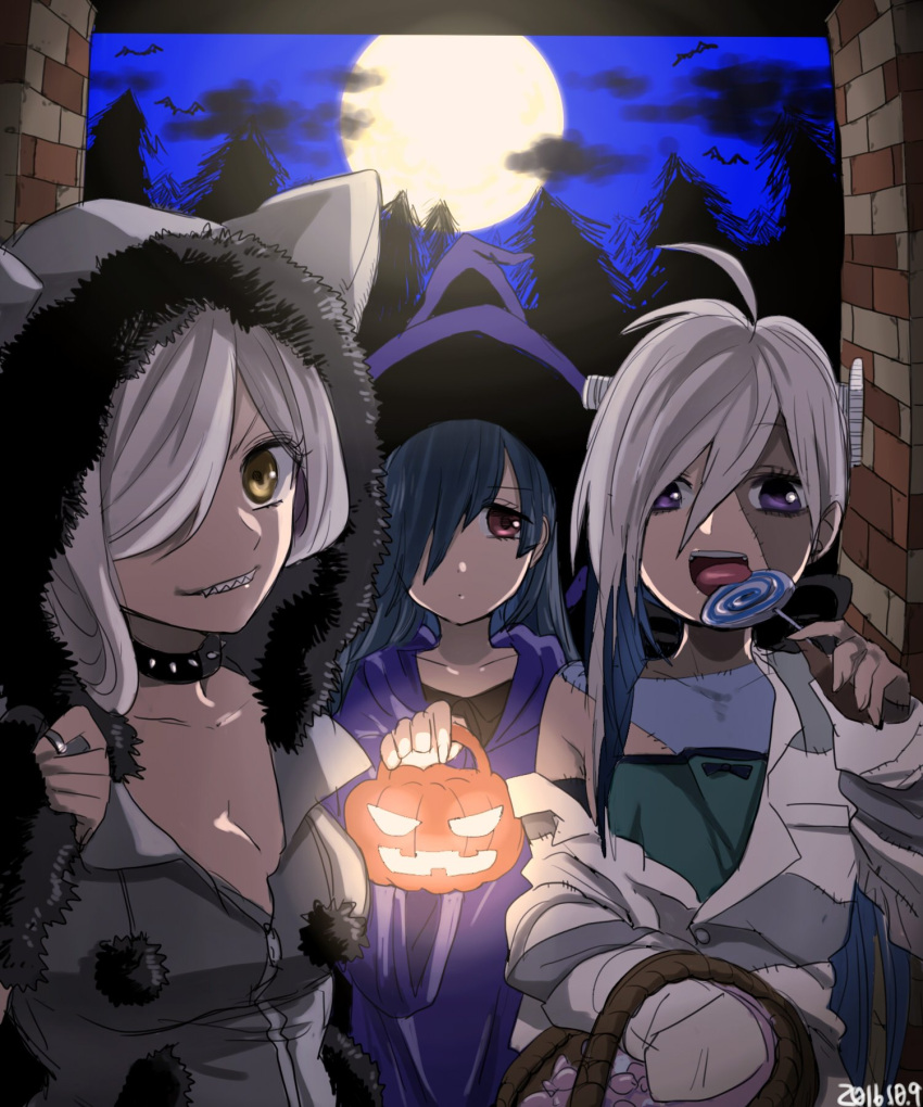 2016 3girls :d asashimo_(kantai_collection) basket bat black_hair breasts brown_eyes candy cleavage cosplay dated food forest frankenstein's_monster frankenstein's_monster_(cosplay) full_moon grin hair_over_one_eye halloween halloween_costume hat hayashimo_(kantai_collection) highres jack-o'-lantern jewelry kantai_collection kiyoshimo_(kantai_collection) koharu_(gomi_ik) licking lollipop long_hair moon multiple_girls nature open_mouth ring sharp_teeth silver_hair smile teeth tongue tongue_out violet_eyes witch_hat