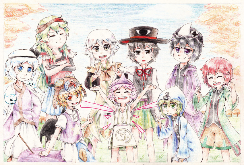 absurdres androgynous bare_shoulders barefoot big_hat black_hair blonde_hair bow brilliant_pagoda_or_haze_castle brown_coat chikafumikou coat detached_sleeves eggplant enraku_tsubakura frilled_hat frills fujiwara_no_iyozane goggles green_eyes green_hair grey_eyes grey_eyes grey_hair hair_ornament hairband hakama_skirt hat headband highres hood hooded_jacket hoodie houren_yabusame jacket japanese_clothes len'en long_hair necktie open_mouth pink_hair red_eyes red_ribbon redhead ribbon shion_(len'en) shitodo_aoji shitodo_hooaka shitodo_kuroji short_hair short_hair_with_long_locks short_sleeves shorts shouryouuma siblings silver_hair smile star taira_no_fumikado top_hat triangular_headpiece umatachi_tsugumi very_long_hair vest violet_eyes wings