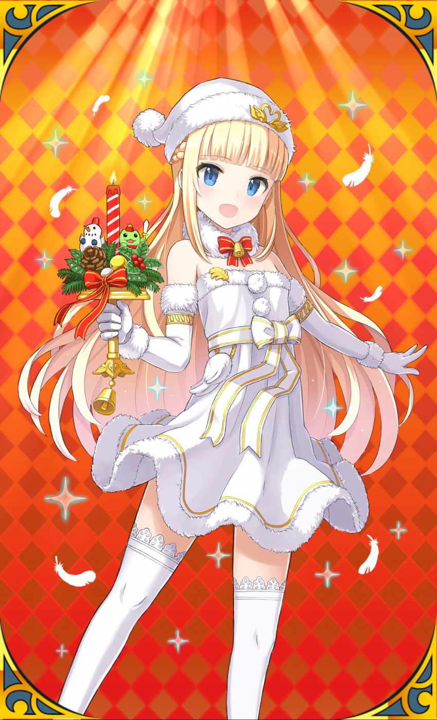 1girl blonde_hair blue_eyes braid candle dress elbow_gloves feathers french_braid fur_trim gloves hat highres holding long_hair official_art open_mouth santa_hat solo sparkle thigh-highs uchi_no_hime-sama_ga_ichiban_kawaii white_dress white_legwear yuria_etoile