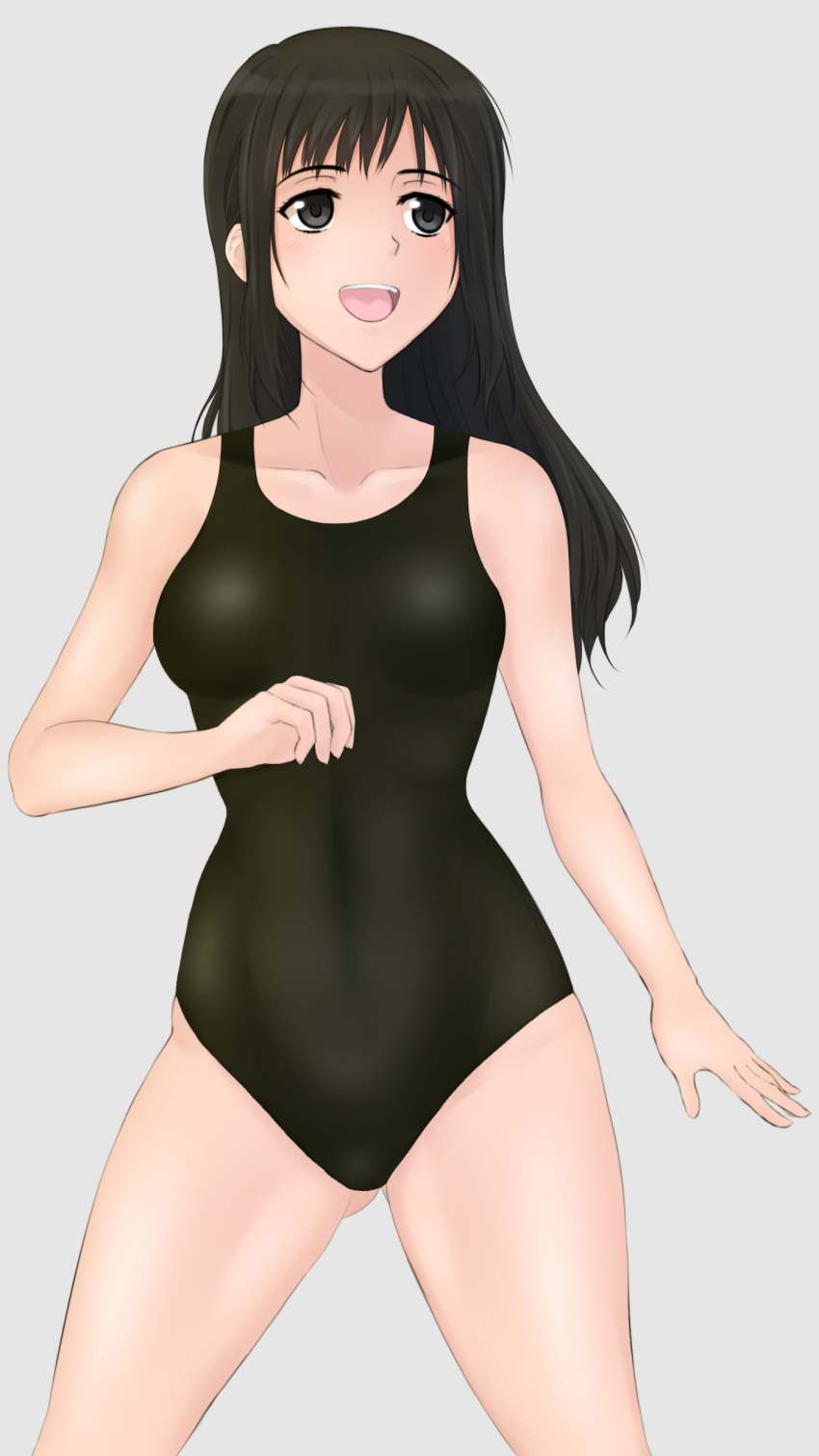 1girl absurdres arm_at_side bangs black_eyes black_hair black_swimsuit blush breasts clenched_hand collarbone cowboy_shot gluteal_fold green_kaminari grey_background happy highres hips legs_apart long_hair looking_to_the_side medium_breasts one-piece_swimsuit open_clothes open_mouth seiren sidelocks simple_background smile solo standing swimsuit thighs touno_kyouko