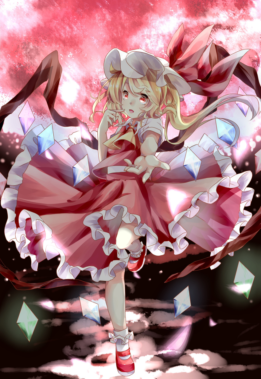 1girl :d absurdres ascot backlighting blonde_hair bobby_socks crystal finger_to_mouth flandre_scarlet foreshortening frilled_skirt frills full_body full_moon hat hat_ribbon highres looking_at_viewer mary_janes mob_cap moon open_mouth puffy_short_sleeves puffy_sleeves reaching_out red_eyes red_moon red_ribbon red_shoes ribbon shoes short_sleeves side_ponytail skirt skirt_set smile socks solo standing standing_on_one_leg touhou white_legwear wings yilocity